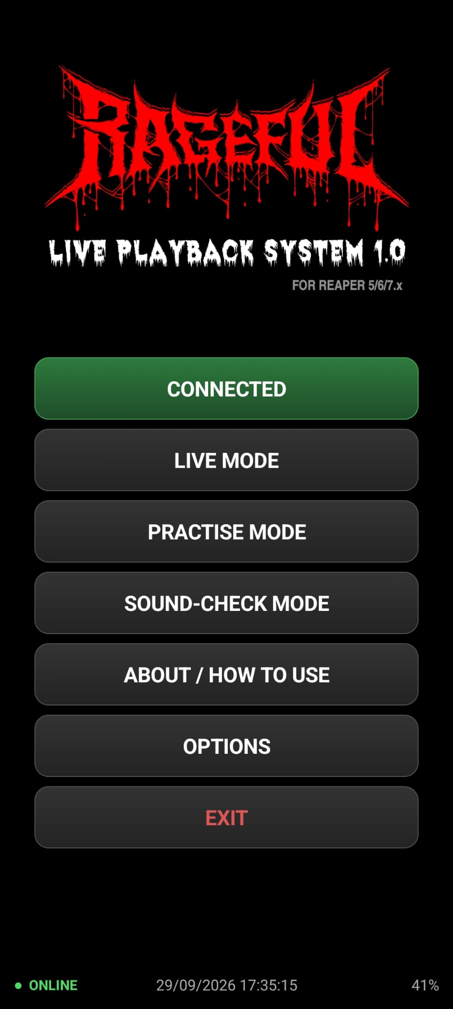 RAGEFUL LIVE REMOTE main menu